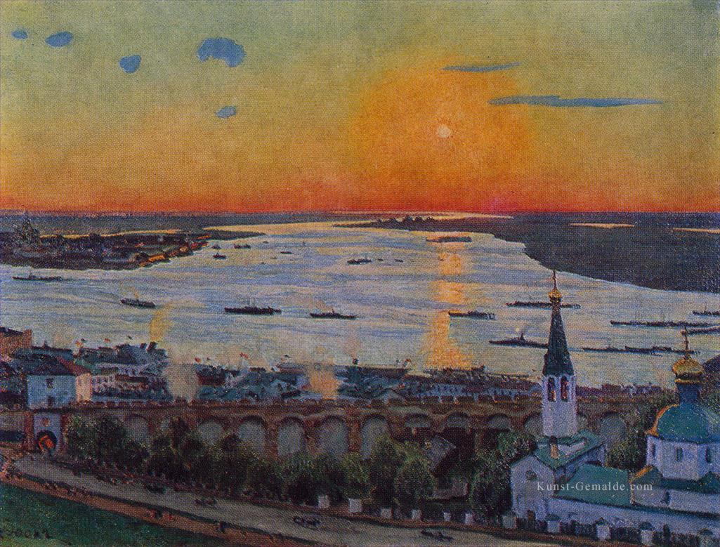 der Sonnenuntergang auf volga nizhny novgorod 1911 Konstantin Yuon Flusslandschaft Ölgemälde